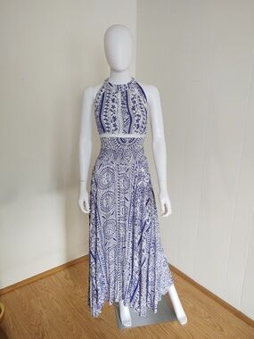 GOOD Jaase Large Halter Cobalt White Maxi Dress w/Leg Slit, Open Back